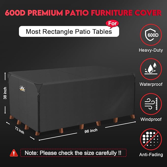 Zettum Patio Furniture Cover Rectangle - 600D Outdoor Table Cover Waterproof & Heavy Duty, Lawn Furniture Set Covers for Outside Rectangular Dining Table and Chairs Seating Combo - 96 x 72 x 38 Inch