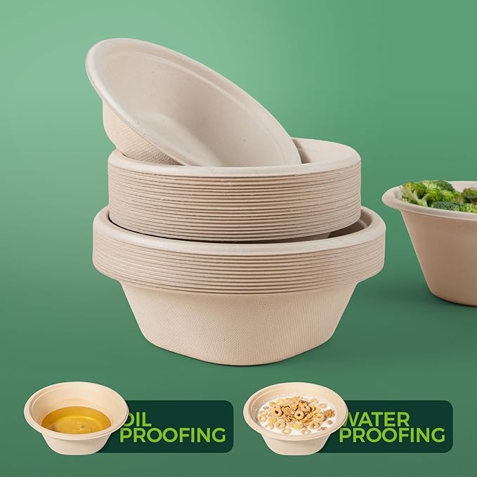 Heavy Duty 48 OZ [50 Pack] Disposable Bowls - 100% Sugarcane Fiber, Microwave Safe - Large Compostable Paper Bowls for Soup, Salad, Ramen, Popcorn