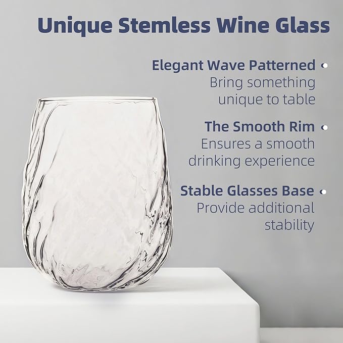 Stemless Wine Glasses Set of 12, 17Oz Red/White Wine Glasses with No Stem, Chiseled Textured Glassware Set for Daily Use, Home Bar, Birthdays, Housewarming Gift, Dishwasher Safe