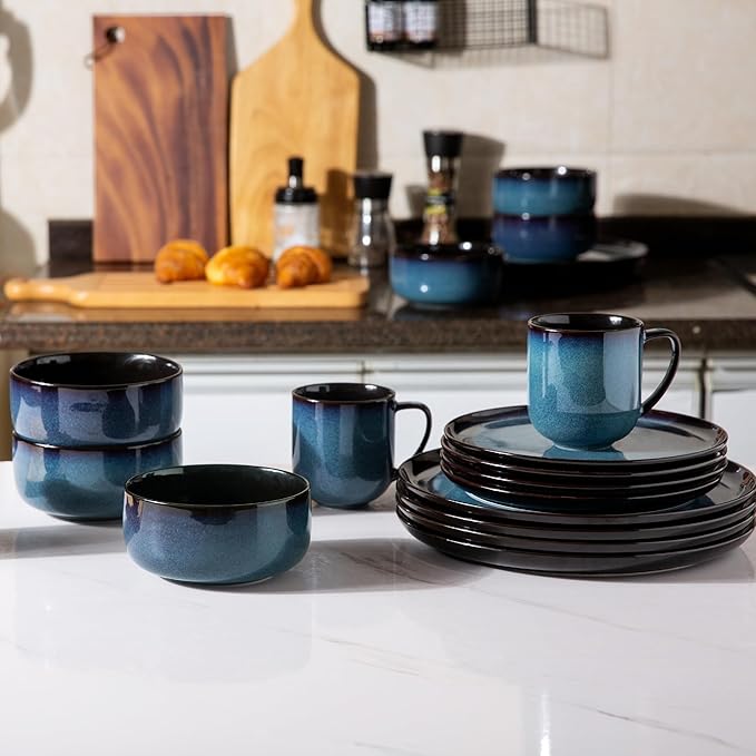 LERATIO Ceramic Dinner Plates Set of 6,10.5 Inch Reactive Glaze Porcelain Plates, Modern Shape Dinnerware Dishes Set for Kitchen,Microwave&Dishwasher&Oven Safe, Scratch Resistant-Blue
