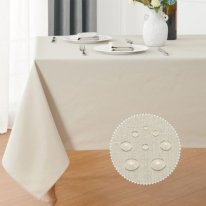 2 Pack Rectangle Tablecloth, 52x70 inch, Water Resistant Wrinkle Free Linen Textured Table Cloth Washable, Decorative Fabric Table Cover for Dining, Party and Camping, Beige