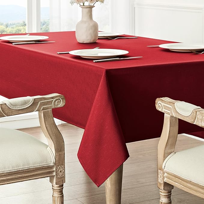 2 Pack Rectangle Tablecloth, 52x70 inch, Water Resistant Wrinkle Free Linen Textured Table Cloth Washable, Decorative Fabric Table Cover for Dining, Party and Camping, Red