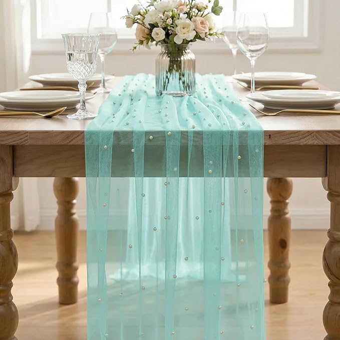 Artoid Mode Pearl Turquoise Gauze Table Runner 120 Inch 10FT, Seasonal Sheer Dining Holiday Wedding Birthday Baby Shower Table Decor for Home Party