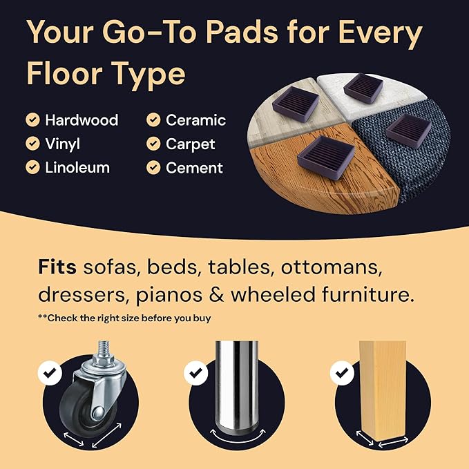CasterMaster Square Rubber Caster Cups - Black, 3" x 3", Pack of 4 - Furniture Sliders for Hardwood Floors - Noise-Dampening Rubber Feet - Floor Protectors for Furniture
