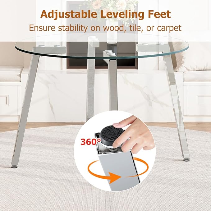 42" Round Glass Dining Table Set for 4,Modern Breakfast Table Set for 4 with Silver Chrome Legs,Space Saving Kitchen Table and Black Chairs for Apartment,Easy Assembly