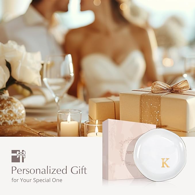 ProCase Ceramic Jewelry Tray, Initial Ring Dish Trinket Plate Engagement Gift, Small Personalized Monogram Ring Bowl for Wedding, White Decorative Jewelry Holder for Women Vanity -Letter K