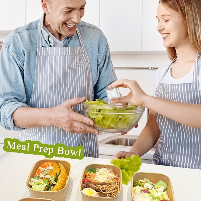 50-Pack 34oz Kraft Paper Bowls Disposable with Lids and Wooden Forks, Disposable Meal Prep Containers Paper Food Prep Containers with Lids, To Go Container for Hot Soup/Salad, Freezer & Microwave Safe