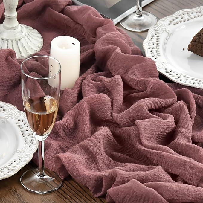 Artoid Mode Boho Cheesecloth Gauze Dusty Rose Wedding Table Runner, 160 Inch Seasonal Fabric Kitchen Dining Holiday Table Decor for Home Party Indoor