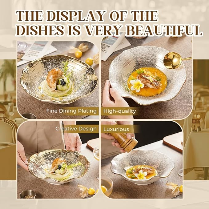 8.5-Inch Lotus Edge Ceramic Bowl, Gradient Gold Design Soup Bowl with Wavy Rim, 21.5cm Food-Safe Porcelain for Dining & Gifting