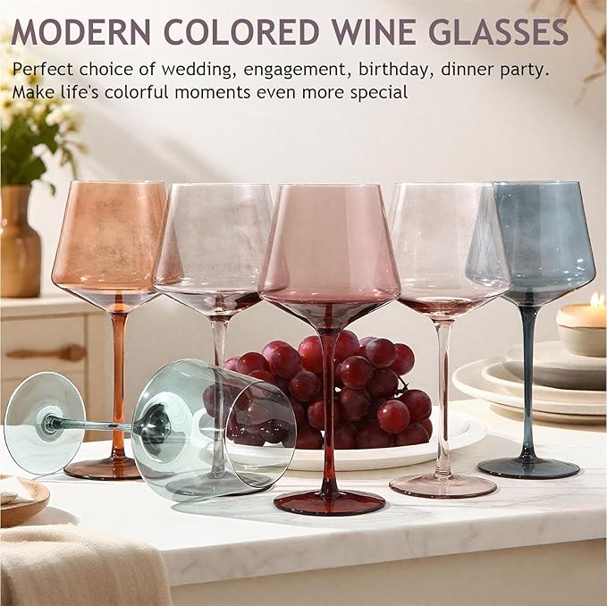 Colored Wine Glasses Set of 6, Large 16oz Hand Blown Crystal Wine Glassware, Stemmed Colorful Wine Glasses - Red & White, Modern & Elegant for Friends,Family,Wedding,Anniversary,Christmas,Birthday