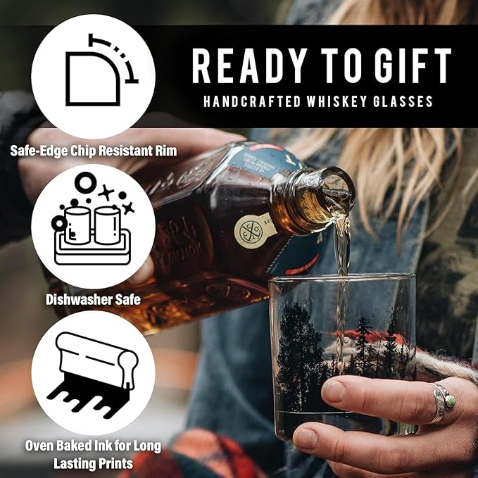 Black Lantern Desert Landscape Whiskey Glasses - Hand-Printed Rock Glass Set - Dishwasher Safe Tumbler Glass Set Set of 2 11oz. Glasses
