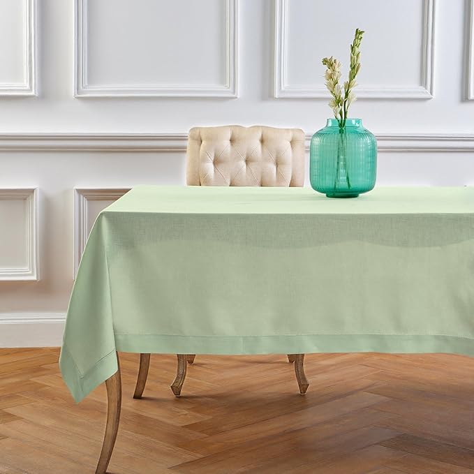Solino Home Linen Tablecloth 52 x 52 Inch - 100% Pure Linen Light Green Square Tablecloth - Classic Hemstitch, Machine Washable Table Throw for Spring, Easter, St Patricks Day
