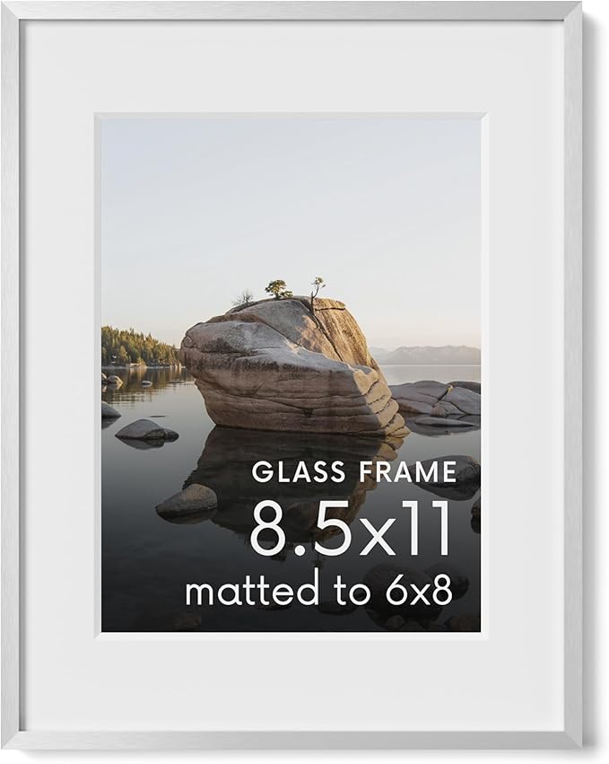 HAUS AND HUES 8.5x11 Picture Frame with Real Glass & Silver Premium-Grade Metal Matted to 6x8 - Aluminum 8.5 by 11 picture frame - Includes Hanging Kit - Ideal for Home, Office (8.5x11 in, Silver)