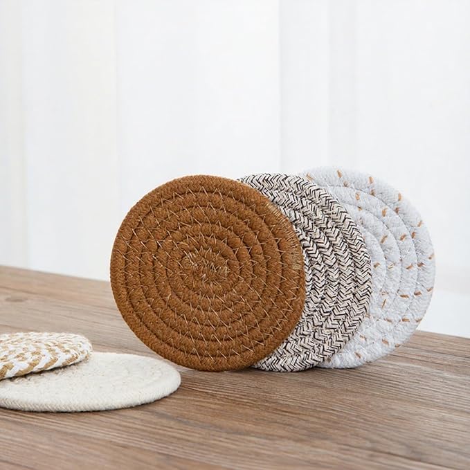 8 Pcs Drink Coasters with Holder, Handwoven Cotton Coasters Set Stackable Absorbent Minimalist Home Decor for Table, Cup, Mug (Kaki)