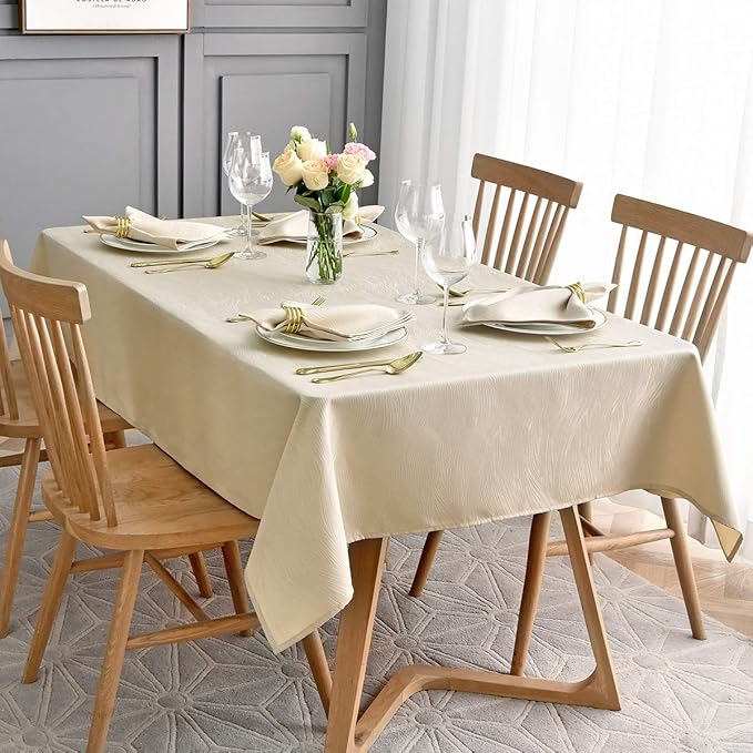 maxmill Square Table Cloth Swirl Pattern Spillproof Wrinkle Resistant Heavy Weight Soft Tablecloth for Kitchen Dinning Tabletop Outdoor Picnic Square 52 x 52 Inch Beige
