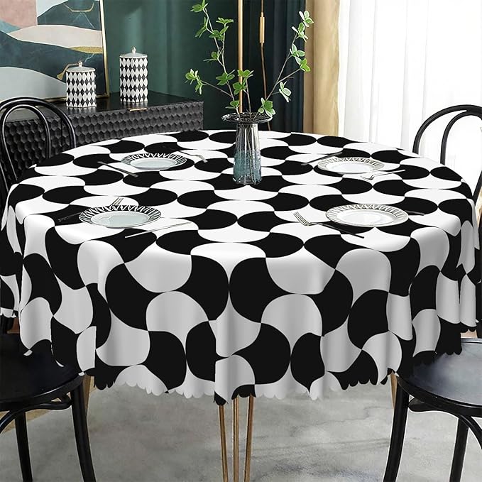 Laeacco 24 Inch Geometric Round Tablecloth Black and White Abstract Pattern Modern Art Print Table Cloth Washable Waterproof Wrinkle Free Table Cover for Kitchen Dining Picnic Party Decoration