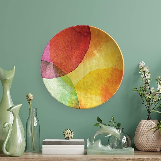 Ceramic Display Plate, Abstract Ceramic Hanging Decorative Plate, Watercolor Style in Modern Art Design, 8 Inch, Household Custom Ceramic Plate, Yellow Orange Lime Green