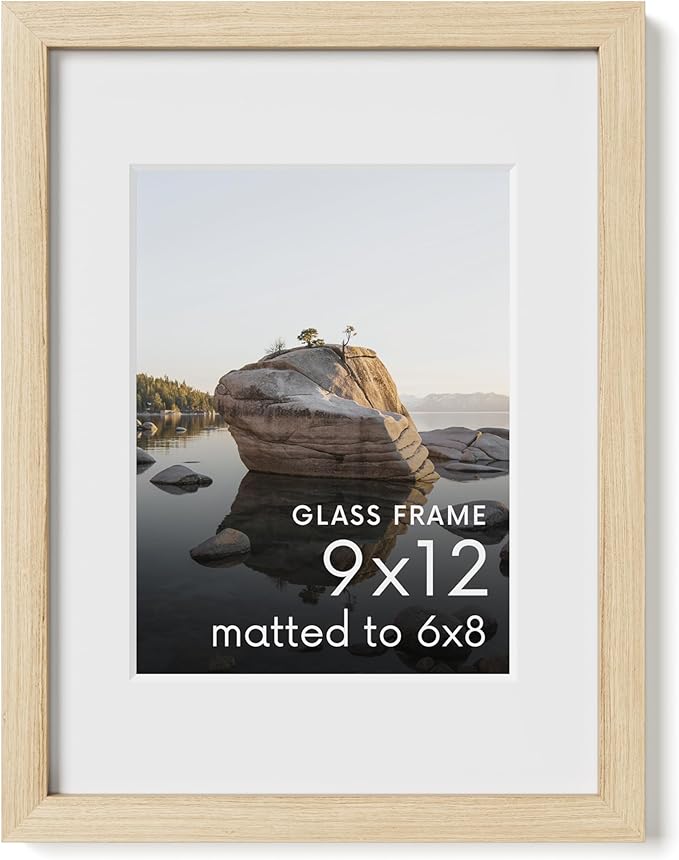 HAUS AND HUES 9x12 Picture Frame with Real Glass and Natural American Oak Matted to 6x8 - Oak 9x12 Frame Wood - Includes Vertical & Horizontal Hang - Ideal for Home, Office (9x12 in, Natural)