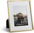 HAUS AND HUES 8x10 Picture Frame with Real Glass & Gold Premium-Grade Metal Matted to 5x7 - Aluminum 8x10 Picture Frame - Includes Easel Back, Hanging Kit - Ideal for Home, Office (8x10 in, Gold)