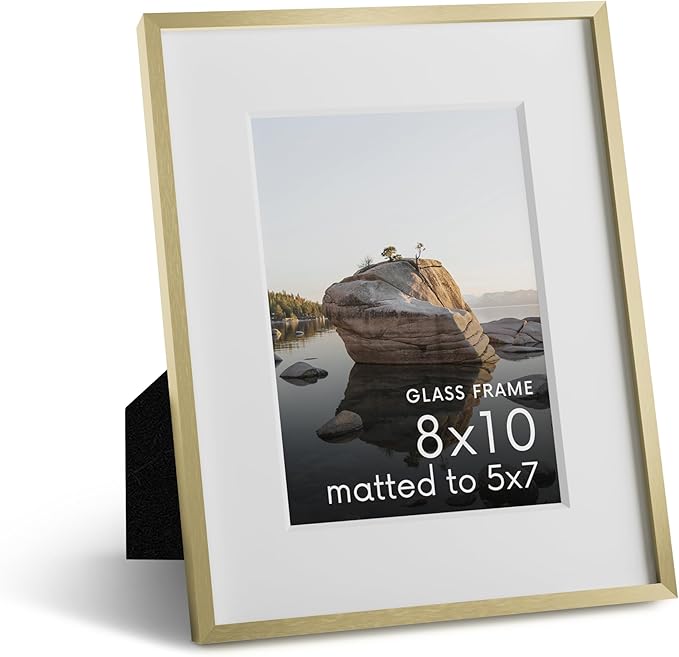 HAUS AND HUES 8x10 Picture Frame with Real Glass & Gold Premium-Grade Metal Matted to 5x7 - Aluminum 8x10 Picture Frame - Includes Easel Back, Hanging Kit - Ideal for Home, Office (8x10 in, Gold)