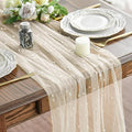 Artoid Mode 3PCS Pearl Beige Gauze Table Runner 120 Inch 10FT, Seasonal Sheer Dining Holiday Wedding Birthday Baby Shower Table Decor for Home Party