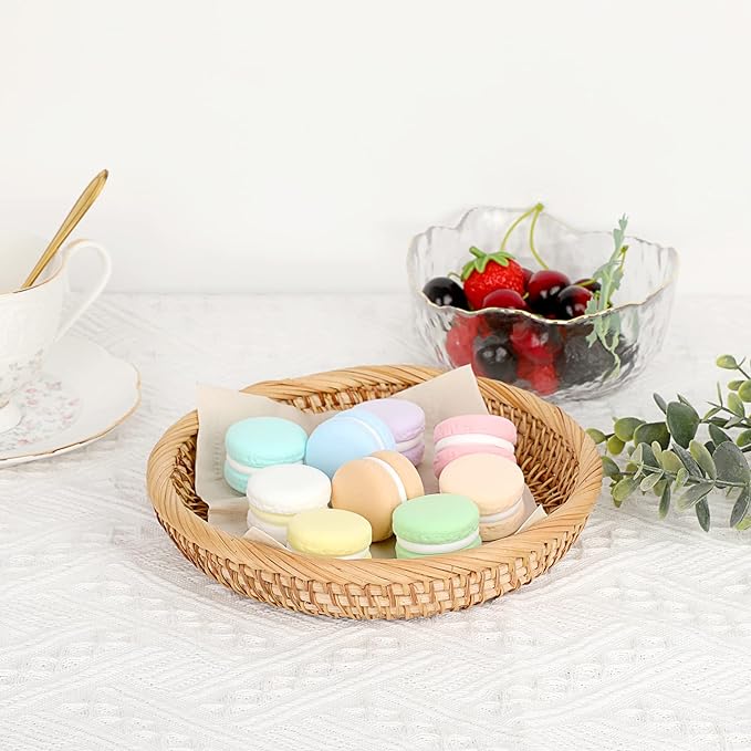 Hipiwe Set of 3 Key Basket Bowl for Entryway Woven Wicker Storage Basket Bowl Round Rattan Serving Basket Tray Fruit Snacks Candy Organizer Bowl for Keys Wallet Cell Phone Home Decor