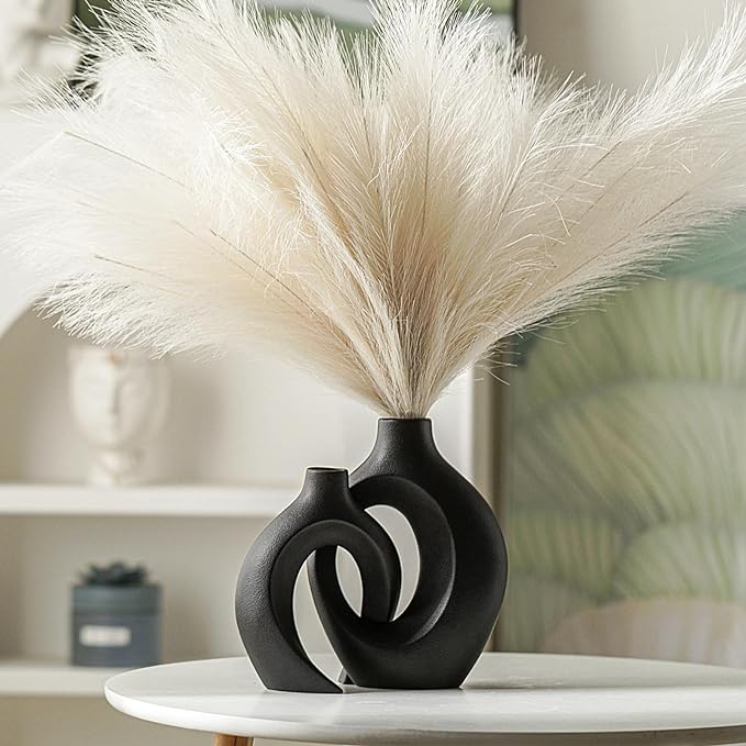 Snuggle Hollow Modern Ceramic Vase Set of 2, Mid Century Nordic Aesthetic Decorative Vase Decorative Vases for Home Table Decor (Matte Black W 6.3" X H 8.4")