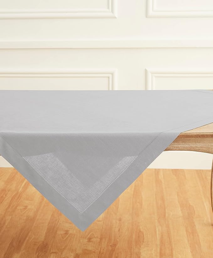 Solino Home Soft Grey Linen Tablecloth 52 x 52 Inch - 100% Pure Linen Square Table Throw - Classic Hemstitch, Machine Washable Table Cloth for Winter, Spring, Easter