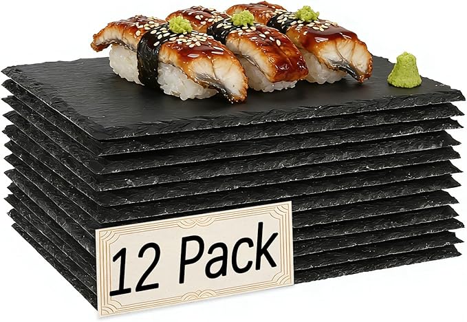 12 Pack 9inch*6inch Natural Slate Cheese Board Sushi Placemat Stone Charcuterie Platter Food Contact Safe Stone Slate Tiles for Laser Engraving,Suitable for Party, Gift, Fruit, Meat, Wedding