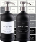 Hand and Dish Soap Dispenser for Kitchen and Bathroom, Set of 2 16 Oz Glass Bottles, Stainless Steel Pumps, Non-Slip Silicone Base, 27 Waterproof Labels (Matte Black Bottle/Brushed Silver Pump)