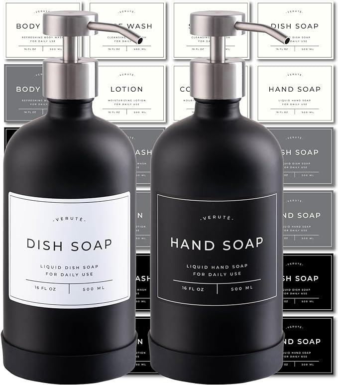 Hand and Dish Soap Dispenser for Kitchen and Bathroom, Set of 2 16 Oz Glass Bottles, Stainless Steel Pumps, Non-Slip Silicone Base, 27 Waterproof Labels (Matte Black Bottle/Brushed Silver Pump)