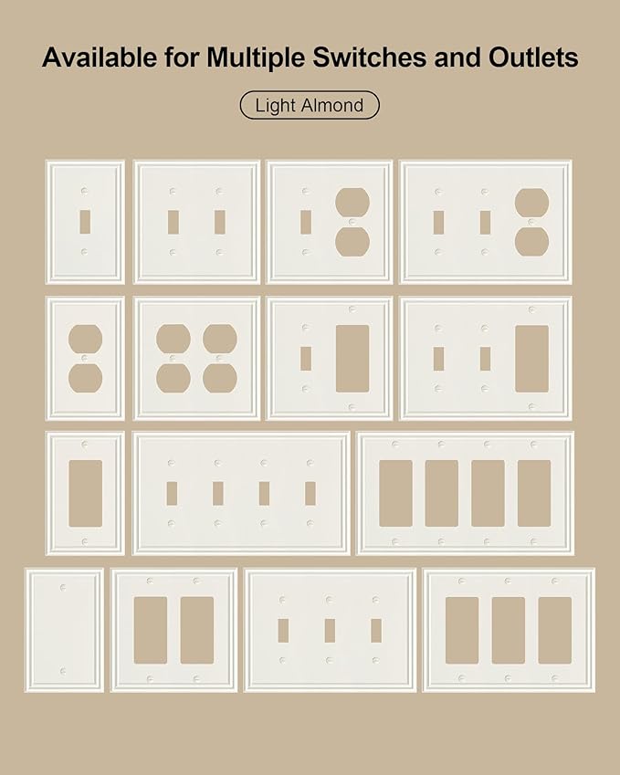 2-Pack Double Duplex Outlet Cover, Light Almond Decorative Double Switch Plates and Outlet Covers for Electrical Outlets, Durable Zinc Alloy Wall Plates, Corrosion Resistant