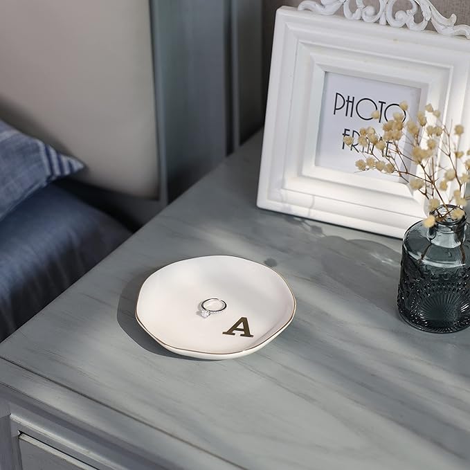 Initials Ring Dish Jewery Tray with Personalized A-Monogrammed Gifts Wedding Engagement for Women Friends sister,Ceramic White