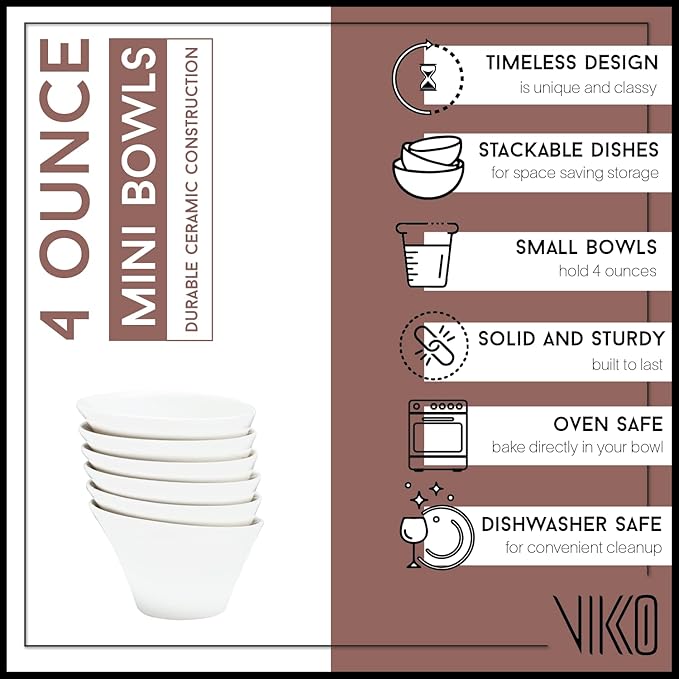 Vikko Mini White Bowls, Set of 4 Ceramic White Bowls, 3.75 Ounce Small Bowl, Elegant Shape Versatile for Dips, Desserts or Candy Dish, Dishwasher Safe