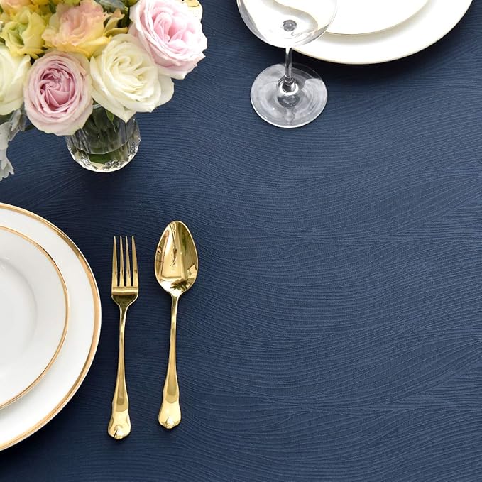 maxmill Jacquard Table Cloth Waving Pattern Water Proof Wrinkle Free Heavy Weight Soft Tablecloth Decorative Fabric Table Cover for Outdoor and Indoor Use Rectangular 60 x 104 Inch Navy Blue