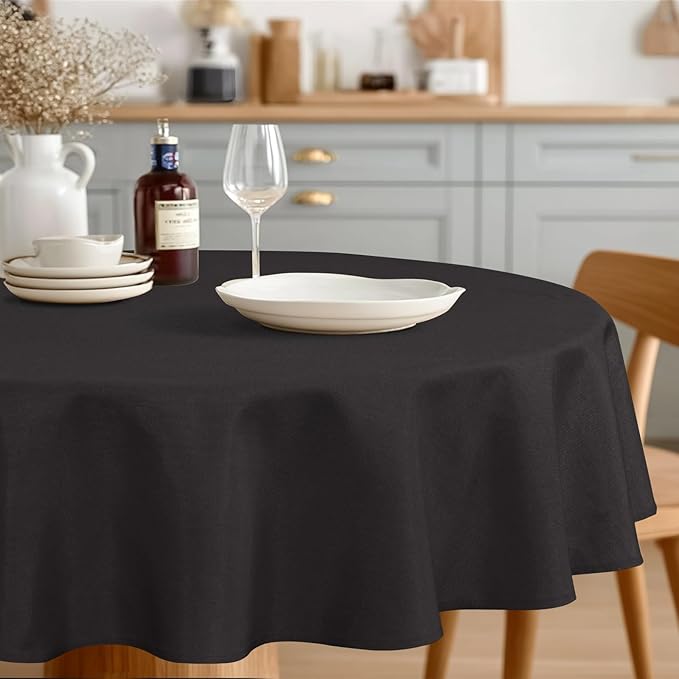 JIUZHEN Round Tablecloth Linen Textured Wrinkle Stain Resistant Farmhouse Table Cloth Decorative Fabric for Kitchen, Dining, Party, Wedding,Outdoor Use,45 Inch Round,Black