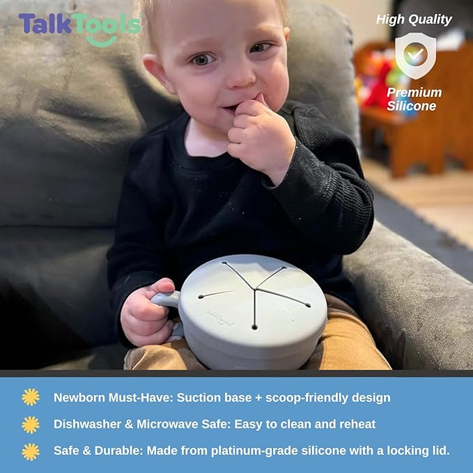 TalkTools Itsy Bowl with Locking Lid - Platinum grade silicone with Volume Lines, Curved Walls for Easy Scooping - for Babies, Toddlers, Children, and Elderly - Snack Cup Lid Accessory (Cloud)