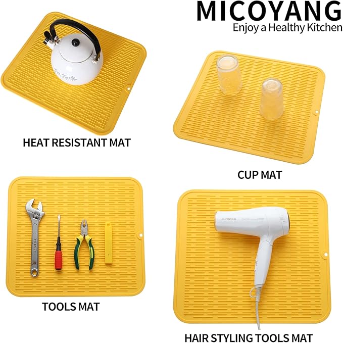 Silicone Dish Drying Mat for Multiple Usage,Easy clean,Eco-friendly,Heat-resistant Silicone Mat for Kitchen Counter or Sink,Refrigerator or Drawer Liner Yellow 2XL 24 inches x 18 inches