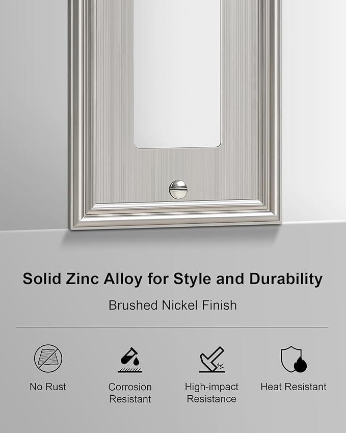 6-Pack Decorator Outlet Cover Plate, Brushed Nickel Decorative Switch Plates and Outlet Covers, Durable Zinc Alloy Wall Plates for Electrical Outlets, Receptacle, GFCI Outlet, Dimmer Switch