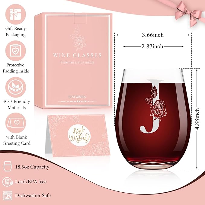 Valentines Day Gifts for Her, Gifts for Women Her Friend Mom Grandma Wife Sister Bridesmaid Nurse, Birthday Galentines Mothers Day Christmas, Personalized Initial Customized Wine Glasses 18OZ(J)