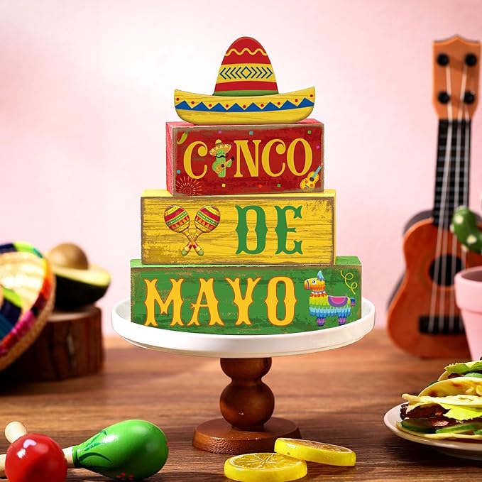 4 Pcs Cinco De Mayo Decorations Wooden Mexican Table Farmhouse Cinco De Mayo Tiered Tray Decor Fiesta Stacked Blocks Tabletop Decorative Book Mexican Centerpieces for Carnival Shelf Home