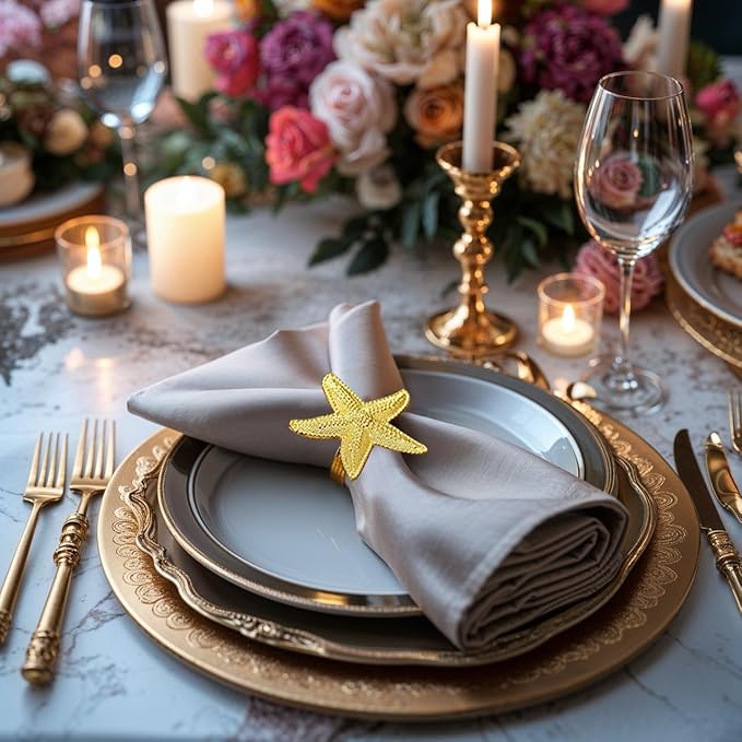 Decozen Set of 12 Gold Napkin Rings in Star Fish Design, Festive, Table Decor Setting for Holiday, Wedding, Birthday, Kitchen, Home Decor, Housewarming Gift - Mothers Day Decorations