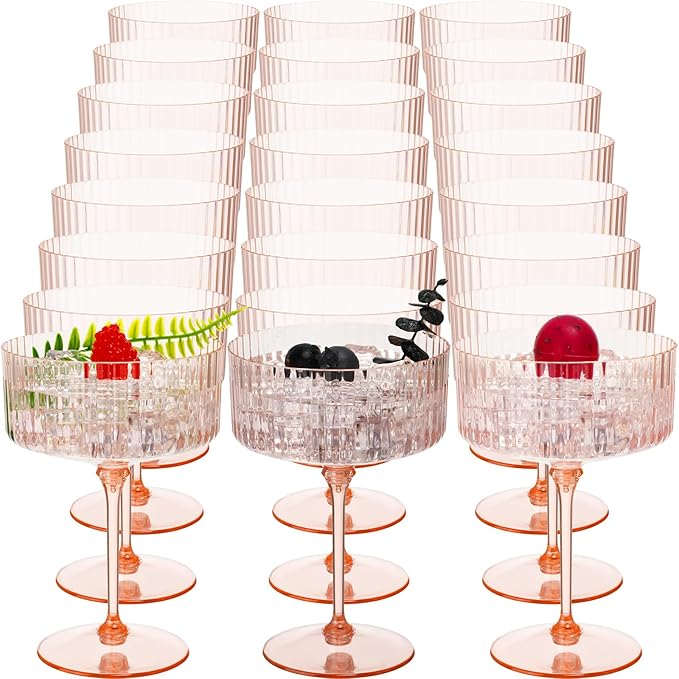 24 Pcs Ribbed Martini Glasses 10 oz Disposable Plastic Vintage Ribbed Coupe Glasses Unbreakable Dessert Parfait Glassware for Wedding Birthday Party Supplies (Champagne Powder)