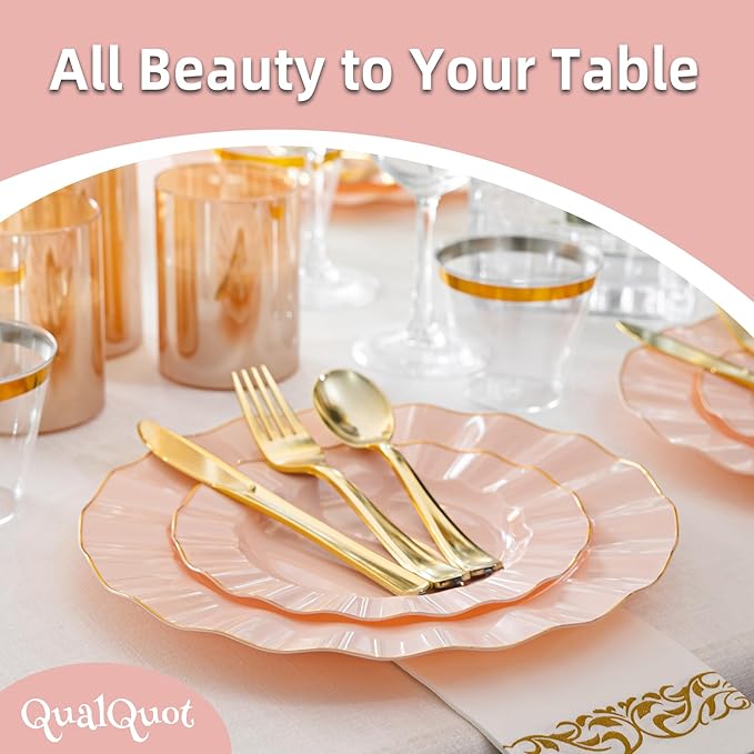 120PCS Blush Pink Plastic Plates, Heavy Duty Disposable Party Plates with Gold Rim, 60 Dinner and 60 Dessert for Parties and Wedding