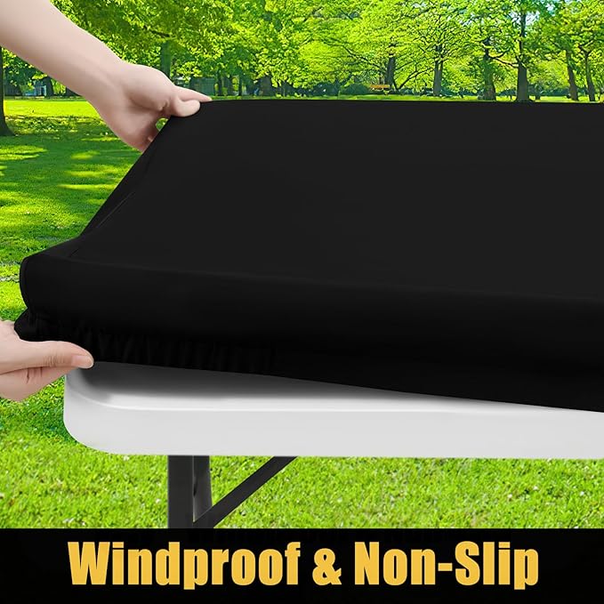 Smiry Rectangle Picnic Table Cloth, Waterproof Elastic Fitted Tablecloths for 8 Foot Tables, Washable Polyester Table Cover for Camping, Indoor and Outdoor (Black, 36"x96")
