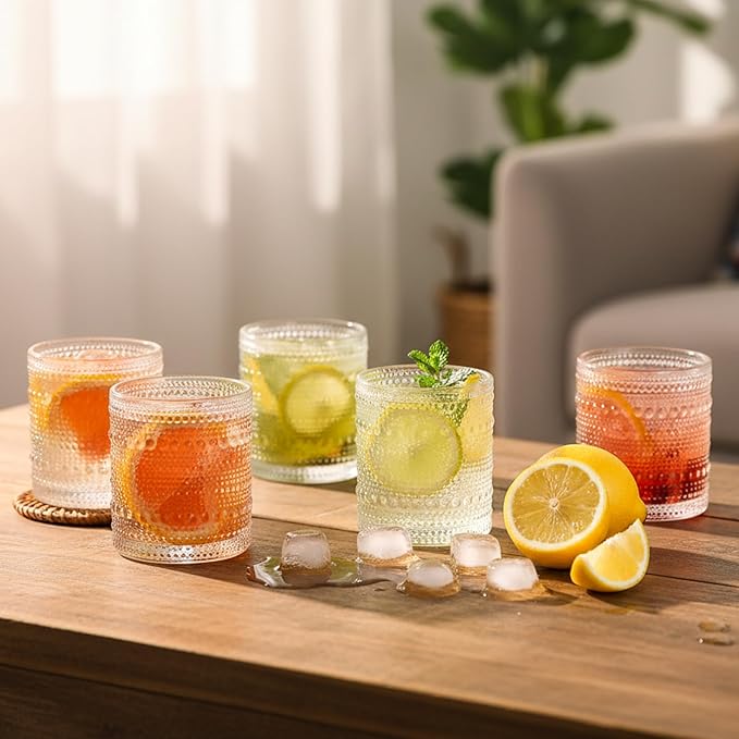 Moretoes Cocktail Glasses 10 oz Hobnail Drinking Glasses Set of 6, Vintage Glassware, Textured Glass Cups Bubble Glasses Water Glasses Old Fashion Jupiter Glasses Set (Clear)