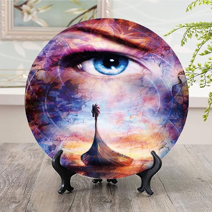 Ceramic Display Plate, Viking Ceramic Hanging Decorative Plate, Boat On The Beach and Woman Eye Boat with, 7 Inch, Household Custom Ceramic Plate, Multicolor