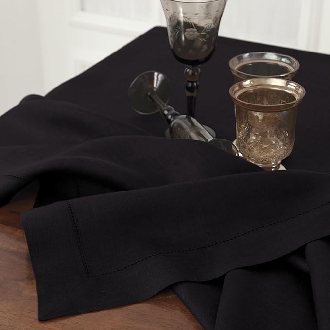Solino Home Linen Tablecloth 60 x 120 Inch - Classic Hemstitch 100% Pure Linen Black Table Cloth for Rectangle Tables - Machine Washable Tablecloth for Winter, Spring, Easter