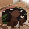 Bohemian Retro Mid Century Round Tablecloth, African Woman Girl Leaves Flower Tablecloth for Home Party Dining Room Kitchen Decor 50Inch(127cm)