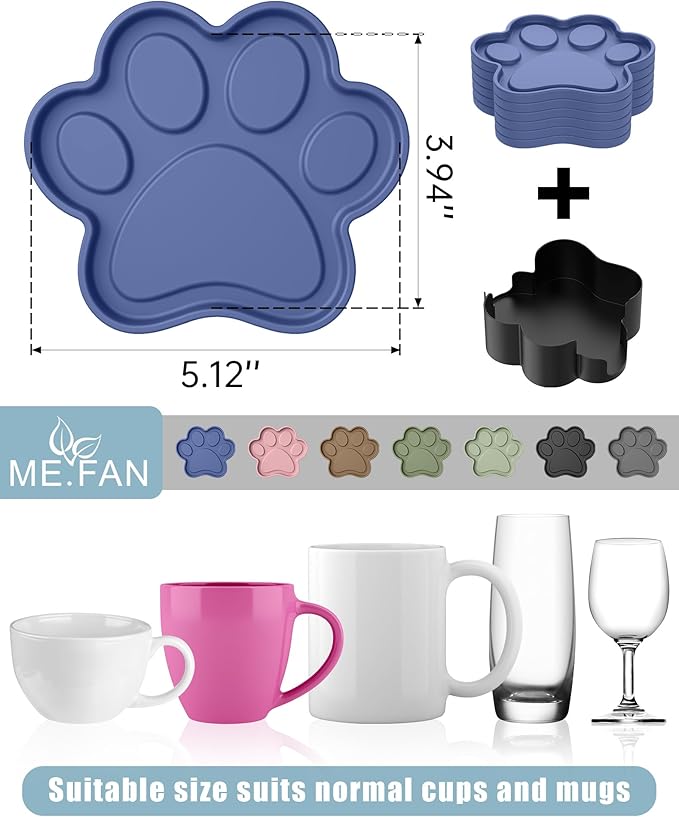 ME.FAN Silicone Coasters 6 Pack Paw Cup Mat with Holder, Dog Cat Paw Shape, for Hot or Cold Drink, Non-Slip, Non-Stick, Room Decor, Housewarming Desert Sage